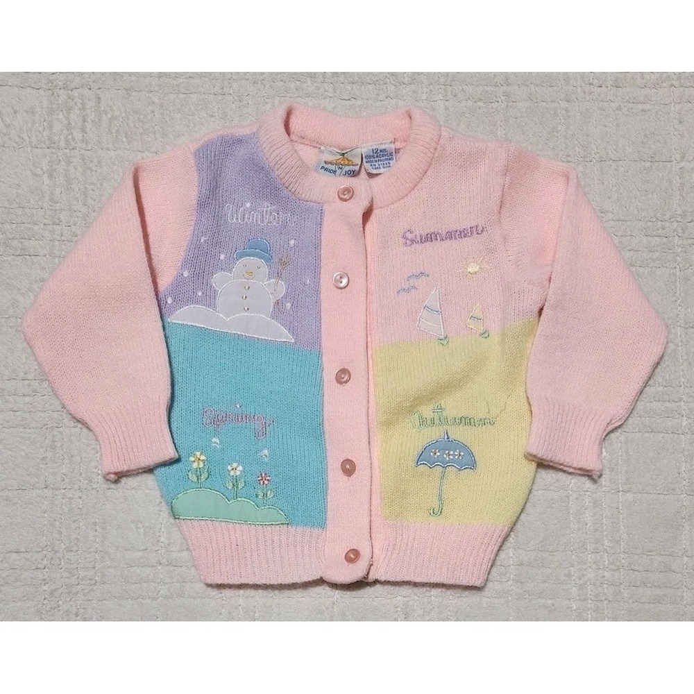 Vintage Baby Girl Knit Sweater Set Pink Seasons Embroidered Cardigan Sz 12 Month